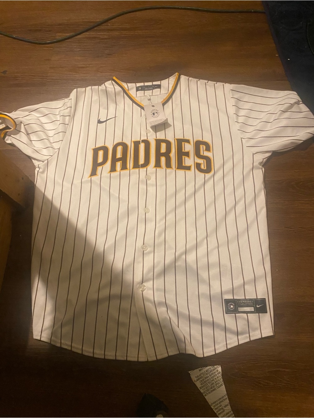 Nike White Padres Pinstripe Baseball Jersey with Brown and Gold Accents